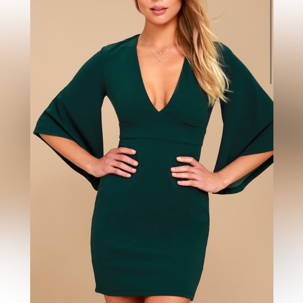Glimpse of Glamour Forest Green Bell Sleeve Bodycon Dress